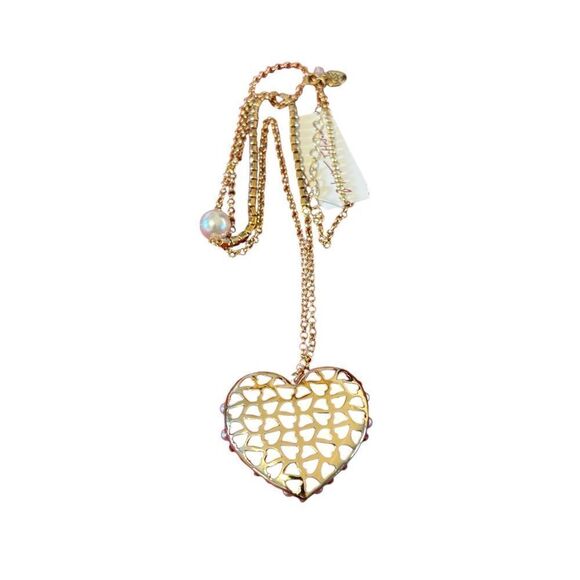 Adorable Large Red Enamel & Faux Pearl Heart Pendant Necklace - Picture 9 of 9